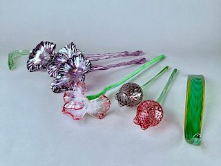 Eight Assorted Blown Glass Flowers and Leaves