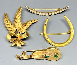 Four Gold Brooches Including an 18K Tiffany and Co. Pin