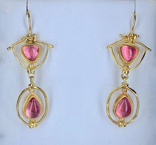 Pair 18K and 22K Yellow Gold, Pink Tourmaline Earrings