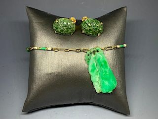 Jade and Yellow Gold Earrings and Jade Bracelet