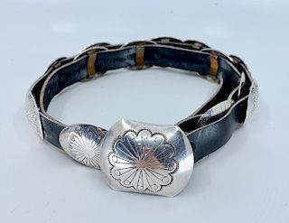 J. Wright Sterling Silver and Leather Concha Belt