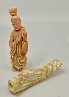 Chinese Carved Coral Guanyin and Mother of Pearl Cigare