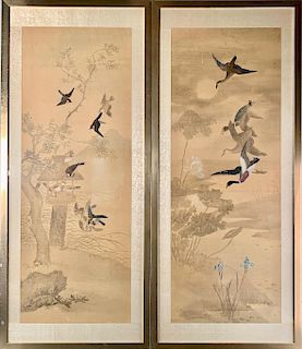 Pair of Asian Silk Paintings with Embroidery