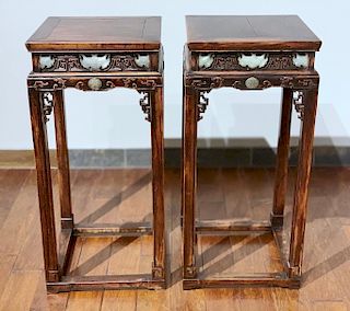 A Rare Pair of Chinese Carved Jade Mounted Plant Stands, 19th Cen.