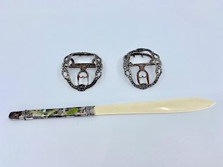 Enameled Silver Letter Opener and Two Buckles