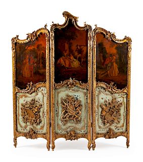 A Louis XV Style Carved, Painted and Parcel Gilt Three-Panel Screen
