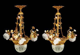 A Pair of Louis XV Style Gilt Bronze and Porcelain Four-Light Chandeliers