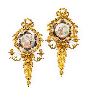 A Pair of Louis XV Style Gilt Bronze and Porcelain Two-Light Sconces