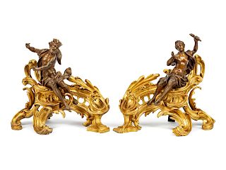 A Pair of Louis XV Style Gilt and Patinated Bronze Figural Chenets