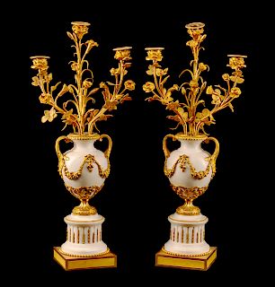 A Pair of Louis XV Style Gilt Bronze and Marble Three-Light Candelabra