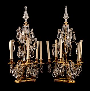A Pair of Louis XV Style Gilt Bronze and Cut Glass Five-Light Girandoles 