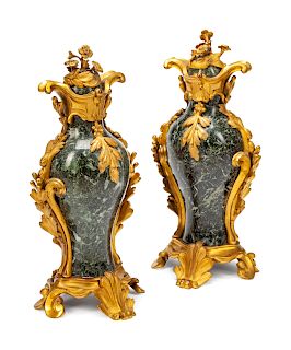 A Pair of Louis XV Style Gilt Bronze Mounted Marble Urns