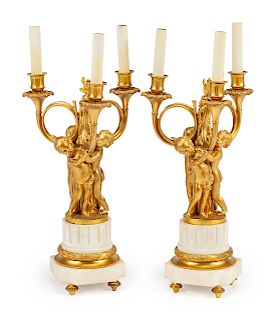 A Pair of Louis XVI Style Gilt Bronze and Marble Three-Light Candelabra