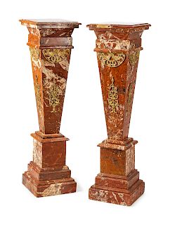 A Pair of Louis XVI Style Gilt Bronze Mounted Marble Pedestals