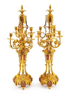 A Pair of Louis XVI Style Gilt Bronze and Marble Six-Light Candelabra