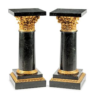 A Pair of Louis XVI Style Parcel Gilt and Marble Pedestals