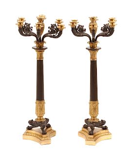 A Pair of Empire Gilt and Patinated Bronze Seven-Light Candelabra