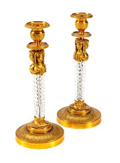 A Pair of Charles X Style Gilt Bronze and Cut Glass Candlesticks 