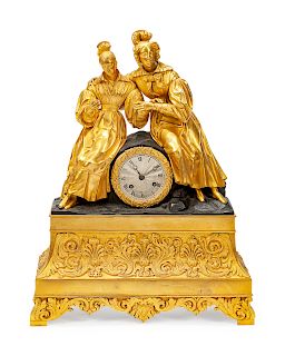 A French Gilt and Patinated Bronze Figural Mantel Clock 