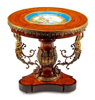 A French Gilt Bronze and Sevres Style Porcelain Mounted Parquetry Gueridon