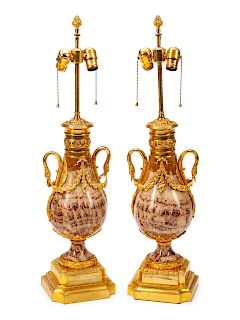 A Pair of French Gilt Metal Mounted Agate Urns 