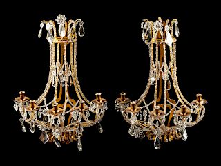 A Pair of French Gilt Bronze and Cut Glass Five-Light Sconces