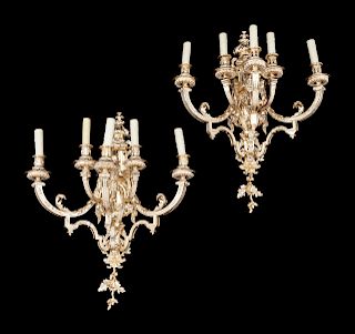 A Pair of Neoclassical Style Silvered Bronze Five-Light Sconces