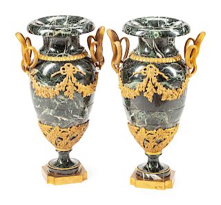 A Pair of Louis XVI Style Gilt Bronze Mounted Marble Urns