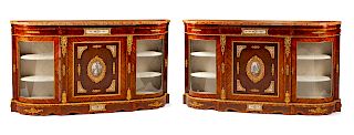 A Pair of French Gilt Metal and Painted Porcelain Mounted Marble-Top Console Cabinets