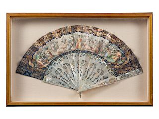 A French Hand-Painted Lithograph on Paper and Mother-of-Pearl Fan