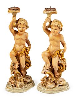 A Pair of Venetian Painted Figural Candlesticks