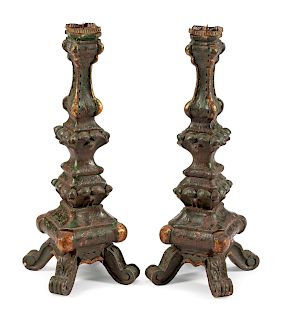 A Pair of Venetian Painted and Parcel Gilt Prickets