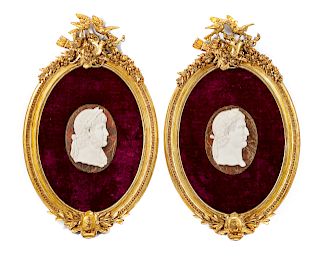 A Pair of Italian Giltwood Framed Marble Portraits of Julius Caesar