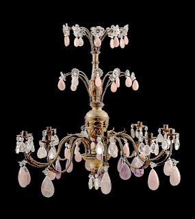 An Italian Neoclassical Style Painted, Parcel Gilt, Rock Crystal and Rose Quartz Ten-Light Chandelier
