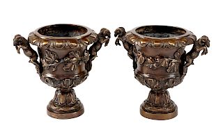 A Pair of Pompeian Style Patinated Bronze Urns