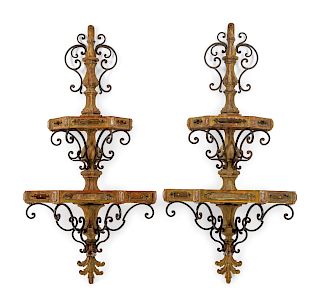 A Pair of Spanish Carved Wood and Wrought Iron Brackets