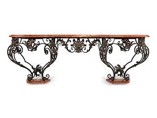 A Spanish Rococo Style Wrought Iron and Tole Console Table