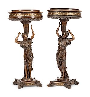 A Pair of Continental Patinated Bronze Figural Jardinieres