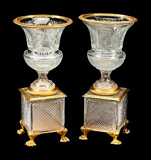 A Pair of Continental Gilt Bronze Mounted Cut Glass Urns