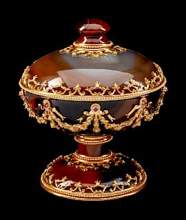 A Continental 18-Karat Gold Mounted Agate Bowl and Cover