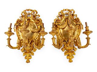 A Pair of Large Gilt Metal Shield-Form Three-Light Sconces