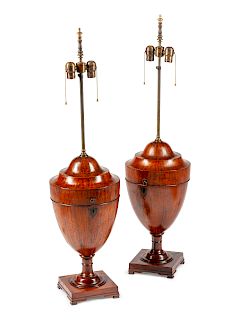 A Pair of George III Satinwood Cutlery Urns Mounted as Lamps