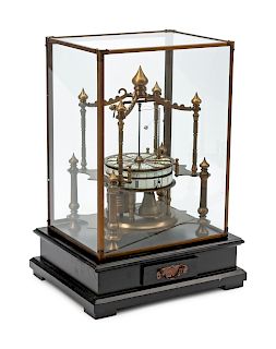 An Orbital Bronze and Enameled Mantel Clock with a Glass Dome