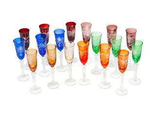 A Set of Eighteen Colored Cut-to-Clear Glass Champagne Flutes
