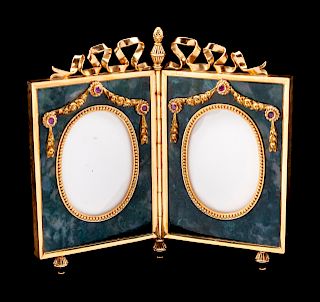 A Continental 18-Karat Gold, Ruby and Hardstone Mounted Double Picture Frame