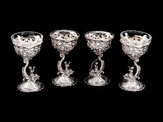 A Set of Four German Silver Goblets with Glass Liners