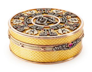 A Russian Guilloche Enameled Gold and Diamond Mounted Snuff Box