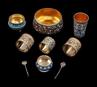 A Group of Seven Russian Enameled Silver Articles