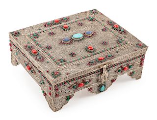 A Silver Filigree, Turquoise, Ruby and Enamel Box