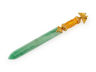 A Russian Enameled Gilt Metal and Jadeite Paper Knife